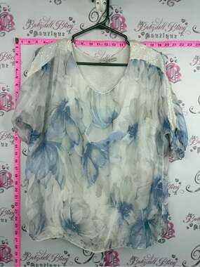 VIOLA BORGHI silk top Sequin Shoulder Floral Blouse - Blue & White
